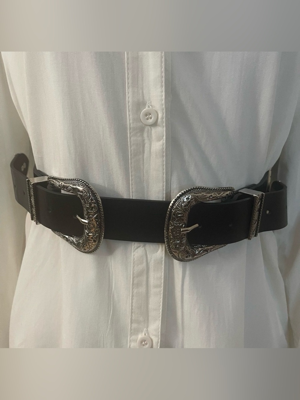 Black PU leather distressed silver tone double buckle adjustable  skinny belt